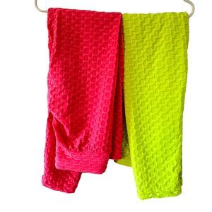 Neon Yellow and Pink Honeycomb Butt Lifting Athletic Leggings Size L/XL Set of 2